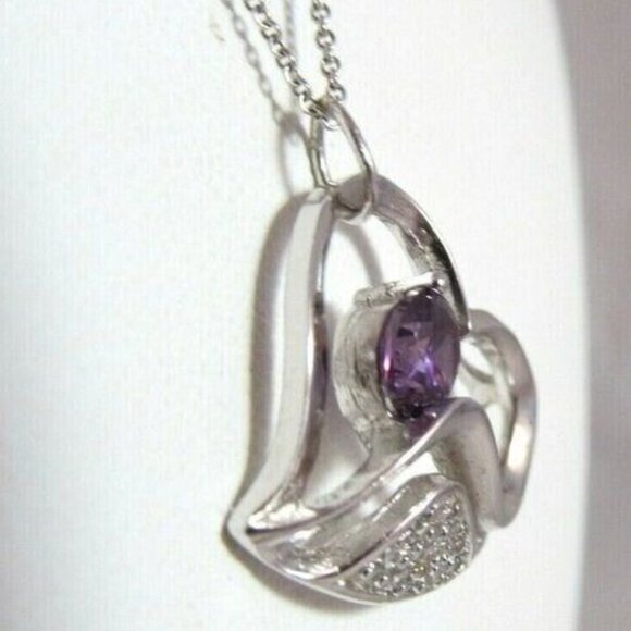Sterling Silver Amethyst and Rhinestone Heart Pendant Necklace - Picture 4 of 12